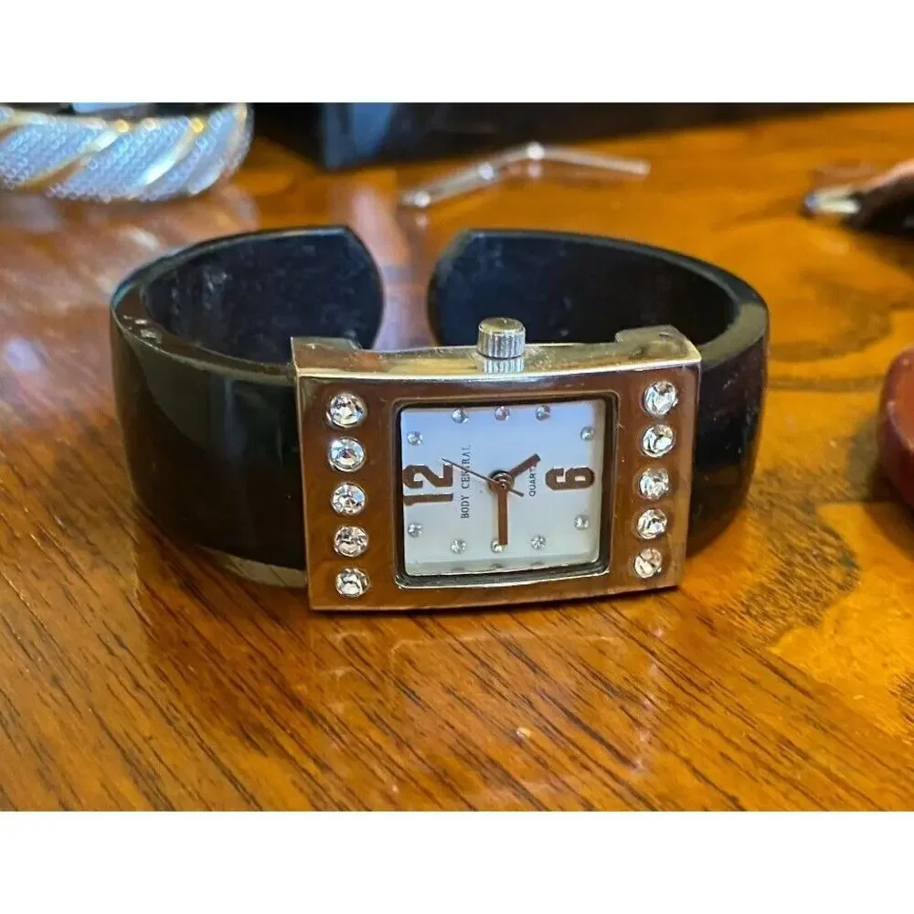 Women's Body Central Bangle Watch Silver Tone and Black Lucite,Crystal Accents